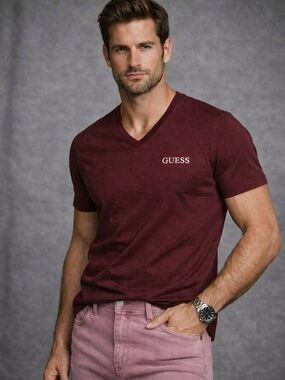Guess Men's V-Neck Tee in Wine